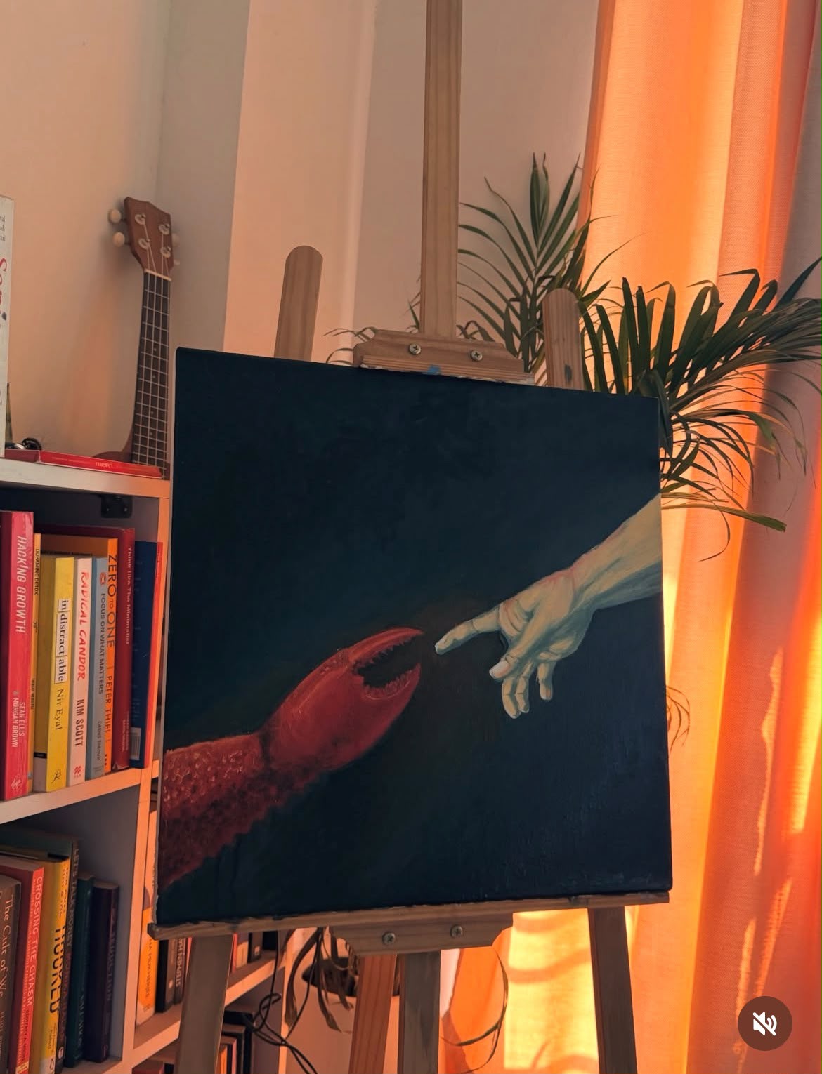 oil painting: a red claw reaching toward a human hand